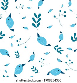 Vector blue bird and leaves seamless repeat pattern design background. Perfect for modern wallpaper, fabric, 
home decor, and wrapping projects.