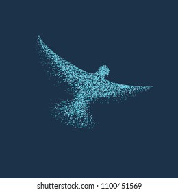 Vector blue bird made from round parcicles with spread wings.