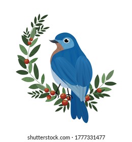 vector blue bird on branch with berries and leaves frame isolated on white background 