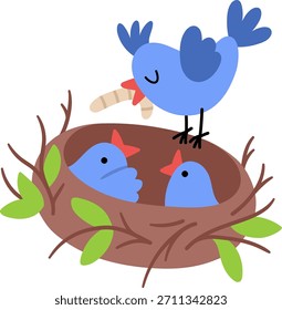 Pájaro azul Vector con pico caliente alimentando a los pichones en el nido. Granja o ilustración de pueblo de Pascua aislado sobre fondo blanco. Lindo Clipart animal de primavera para niños
