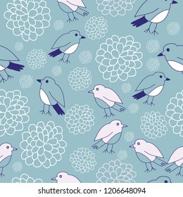 Vector Blue Birds and Blossoms Seamless Pattern Background. Perfect for wallpaper, fabric and scrapbooking projects.