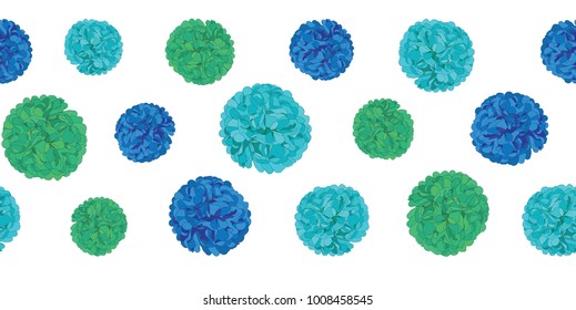Vector Blue Birthday Party Paper Pom Poms Set Horizontal Seamless Repeat Border Pattern. Great for handmade cards, invitations, wallpaper, packaging, nursery designs.