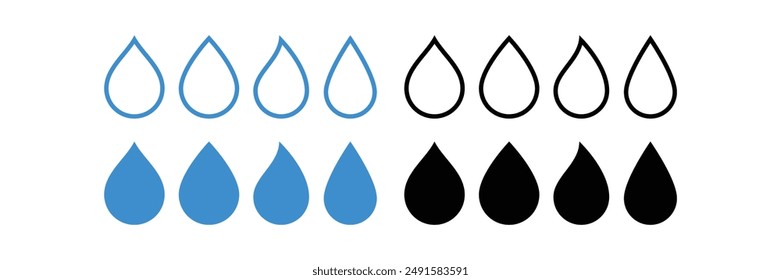 Vector azul, negro y blanco de la gota de agua conjunto. Colección de Formas con logotipo de gota plana.