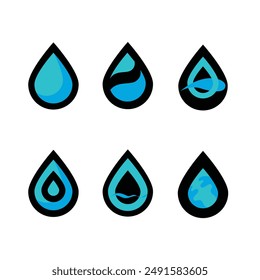  ensemble d'icônes de goutte d'eau bleue, noire et blanche de Image vectorielle. Logo de gouttelettes à plat formes collection.
