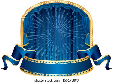 vector blue blank banner on ellipse stage with grunge rays