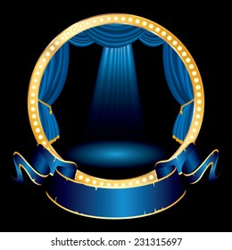 vector blue blank banner on blue circle stage with spotlights