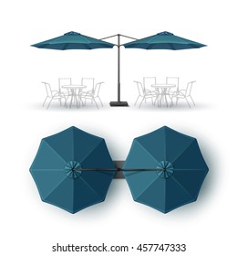 Vector Blue Blank Patio Double Outdoor Beach Cafe Bar Pub Lounge Restaurant Round Umbrella Parasol for Branding Top Side View Mock up Close Isolated on White Background