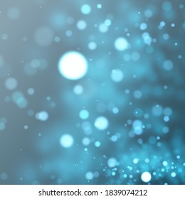 Vector blue bokeh abstract background. Festive backdrop with defocused glitters, glowing blurred lights.
