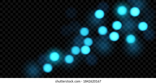 Vector blue bokeh texture. Glowing blurred light effect isolated on dark transparent background.
