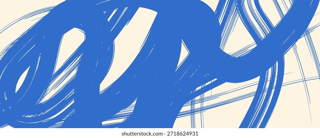 Vector blue bold curly brush stroke background. Hand drawn grunge texture with rough thick squiggle or curved brush line. Funky marker curly line background. Abstract contemporary poster.