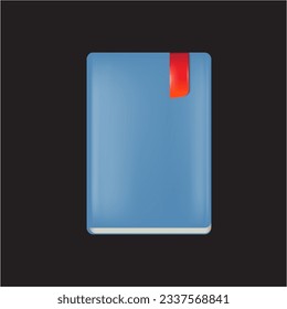 Libro azul vectorial con marcador rojo aislado en fondo negro. Signo de libro azul e icono