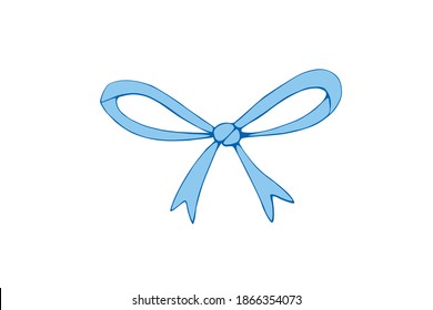 Vector blue bow ribbon. Hand drawn simple illustration for Easter xmas birthday, Valentines Day, wedding, holiday, gift, girl, baby. Element of design, clip art