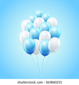 Vector blue bright balloons bunch floating together on background