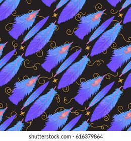 Vector blue bright feathers. Seamless dark pattern. Golden curls on a black background.