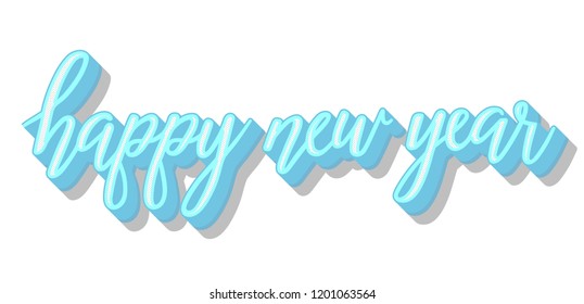 Vector blue Bright Happy New Year brush lettering text on white background, retro style