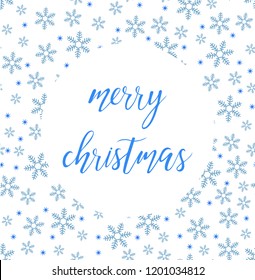 Vector blue Bright Merry Christmas brush lettering text on white background with snowflakes
