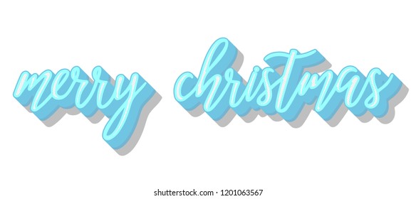 Vector blue Bright Merry Christmas brush lettering text on white background, retro style