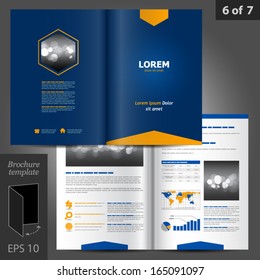Vector blue brochure template design with orange arrow. EPS 10