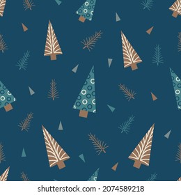 Vector blue brown Christmas trees seamless pattern