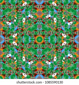 Vector blue, brown and green simple mandala optical illusion, psychedelic trippy abstract seamless pattern texture. Vector illustration.