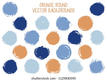 Vector blue brown grunge circles design. Modern stamp texture circle scratched label backgrounds. Circular icon, logo shape, oval button elements. Grunge round shape banner backgrounds set.