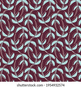 Vector blue brown leaves boho seamless pattern