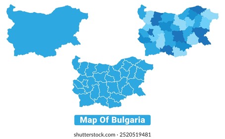 Vector Blue Bulgaria political maps with borders regions simple flat illustration set 