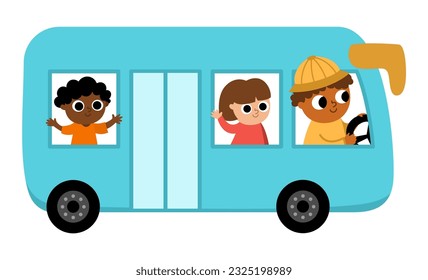 Vector blue bus with driver and passengers. Funny autobus for kids with cute boy and girl. Cute vehicle clip art. Public transport icon isolated on white background
