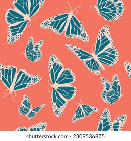 Mariposas vectoriales azules sobre un fondo rojo patrón de cosecha ininterrumpida