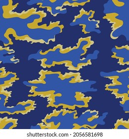 
Vector blue camouflage pattern, yellow spots, geometric seamless pattern, stylish coloring.