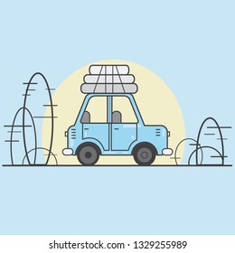Vector blue car on a journey with sunset and trees on background.