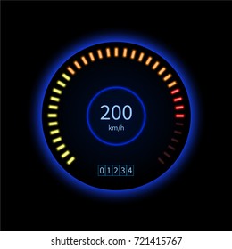 Vector blue car speedometer. High speed. Technology concept