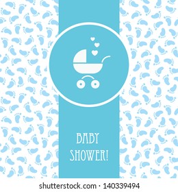 Vector blue card with baby buggy and seamless pattern with footprints on background