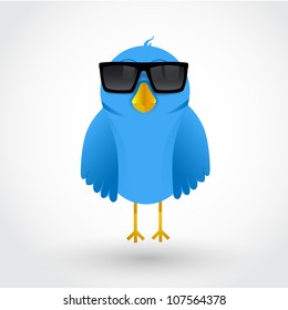 vector blue cartoon cool bird with black glasses