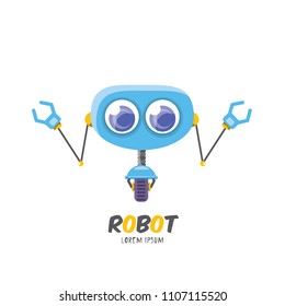 vector blue cartoon cute flat robot icon  on white. blue funny robot logo design template