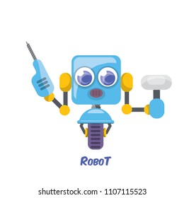 vector blue cartoon cute flat robot icon  on white. blue funny robot logo design template