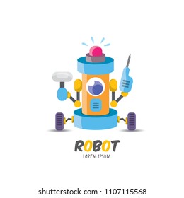 vector blue cartoon cute flat robot icon  on white. blue funny robot logo design template