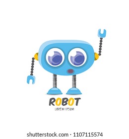 vector blue cartoon cute flat robot icon  on white. blue funny robot logo design template