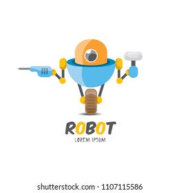 vector blue cartoon cute flat robot icon  on white. blue funny robot logo design template