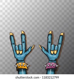 vector blue cartoon Zombie hand shows rock n roll gesture isolated on transparent background with space for text . vector Zombie party halloween background or poster design template