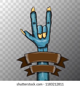 vector blue cartoon Zombie hand shows rock n roll gesture isolated on transparent background with space for text . vector Zombie party halloween background or poster design template