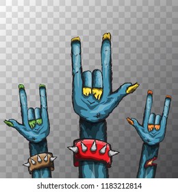 vector blue cartoon Zombie hand shows rock n roll gesture isolated on transparent background with space for text . vector Zombie party halloween background or poster design template