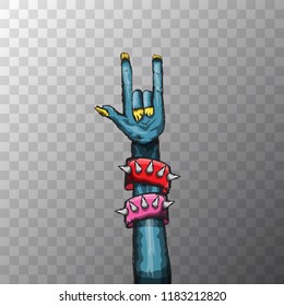 vector blue cartoon Zombie hand shows rock n roll gesture isolated on transparent background with space for text . vector Zombie party halloween background or poster design template