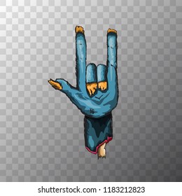 vector blue cartoon Zombie hand shows rock n roll gesture isolated on transparent background with space for text . vector Zombie party halloween background or poster design template