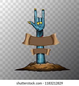 vector blue cartoon Zombie hand shows rock n roll gesture isolated on transparent background with space for text . vector Zombie party halloween background or poster design template