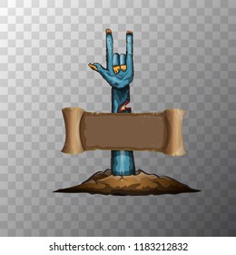 vector blue cartoon Zombie hand shows rock n roll gesture isolated on transparent background with space for text . vector Zombie party halloween background or poster design template