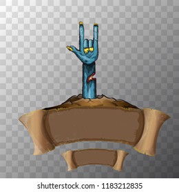vector blue cartoon Zombie hand shows rock n roll gesture isolated on transparent background with space for text . vector Zombie party halloween background or poster design template