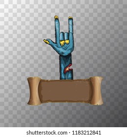vector blue cartoon Zombie hand shows rock n roll gesture isolated on transparent background with space for text . vector Zombie party halloween background or poster design template