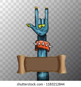 vector blue cartoon Zombie hand shows rock n roll gesture isolated on transparent background with space for text . vector Zombie party halloween background or poster design template