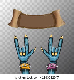 vector blue cartoon Zombie hand shows rock n roll gesture isolated on transparent background with space for text . vector Zombie party halloween background or poster design template